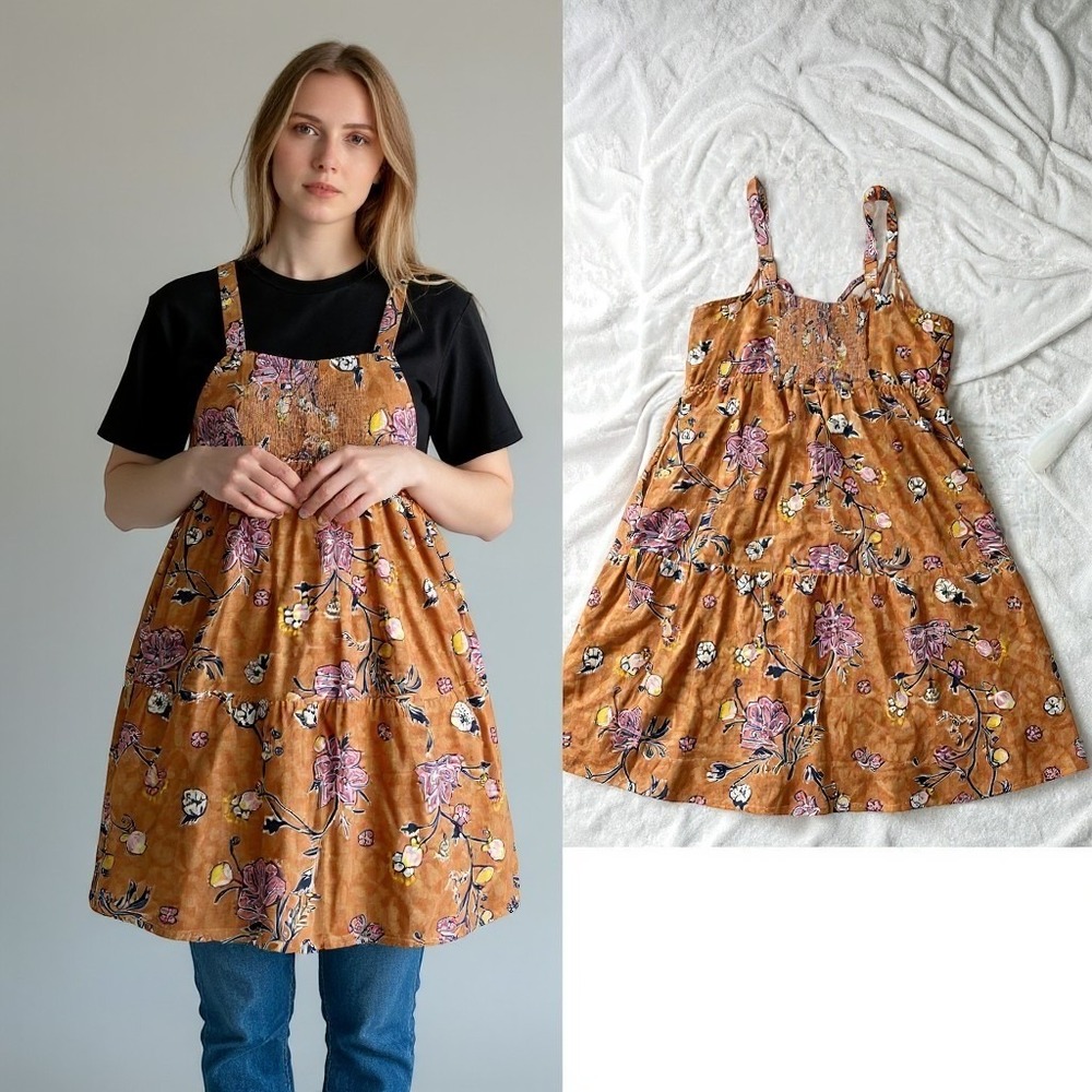 Sonoma Floral Midi Dress Womens 1X Brown Linen Blend Button Front Boho Cottage - Picture 2 of 13